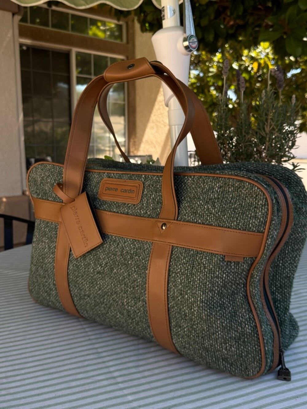 Vintage Pierre Cardin Green Tweed Carry On Weekender Bag